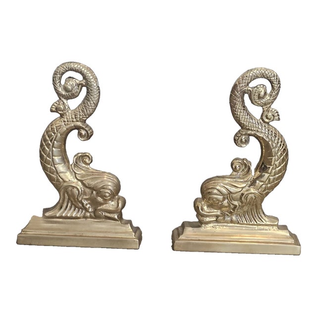 Pair of Virginia Metalcrafters Brass Dolphin Andirons Rare For Sale