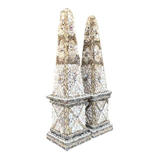 Vintage Coastal Shell Encrusted Obelisks - a Pair For Sale