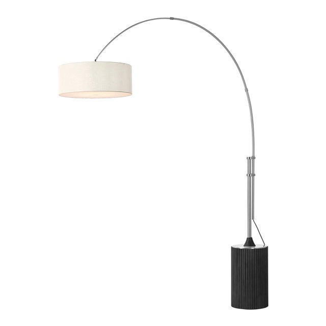 Tambo 92"h 1-Light Arc Lamp, White Linen Shade, Black Oak Base, Satin Nickel, Dimmable, for Living Room or Bedroom For Sale