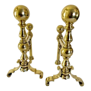 Pair of Late 19th Century Victorian Style English Brass Firedogs or Andirons