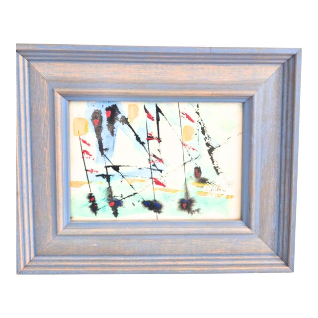 1990s Abstract Mixed Media Painting Watercolor Acrylic Signed Peter Stilton Framed Small Coastal Nautical For Sale
