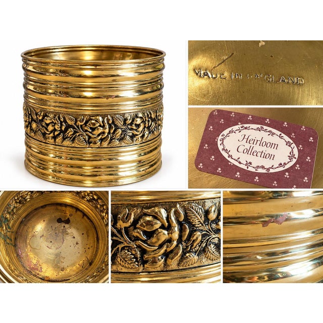 Heirloom Collection vintage brass planter made in England with an embossed rose and floral band. The factory-molded body...