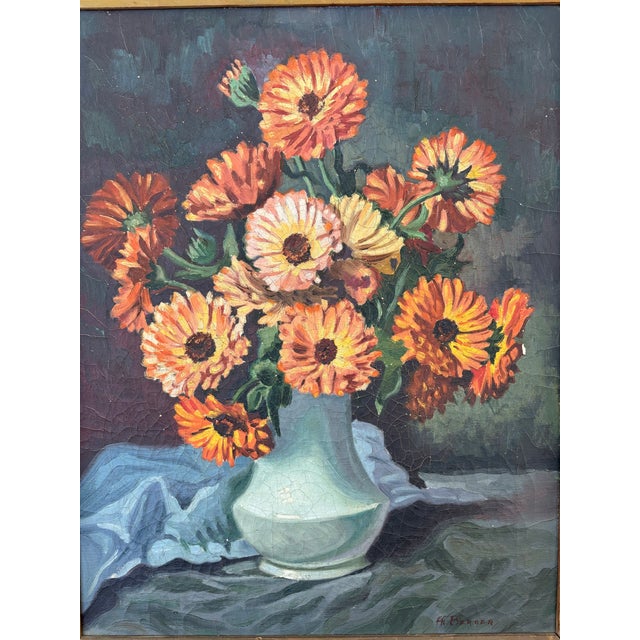H. Berger Still Life Oil Painting on Canvas in solid wood original frame. Oil painting on canvas of flowers in a vase...
