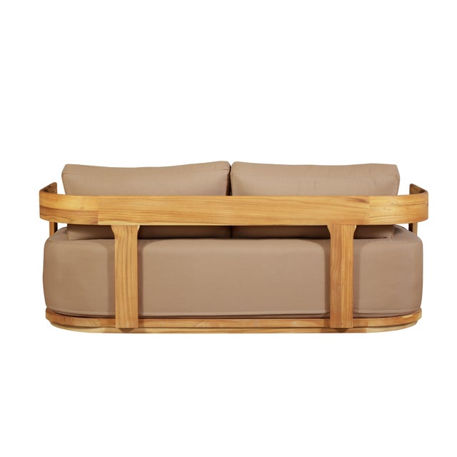 Wood Eclipse Outdoor Solid Teak Wood Love Seat - Light Brown Fabric For Sale - Image 7 of 11