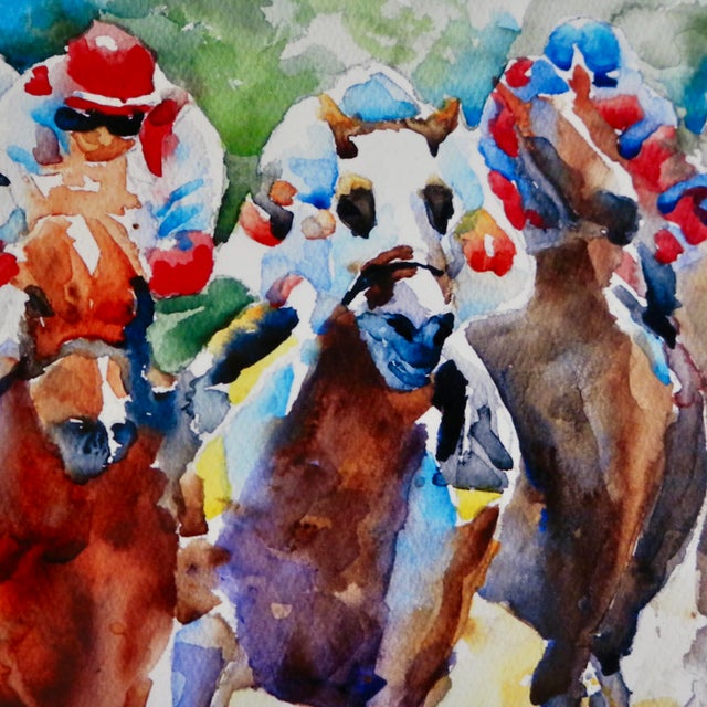 Outsider Folk Art Horse Racing Watercolor by Ron Krajewski For Sale - Image 4 of 9