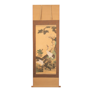 Showa Era Japanese Painted Silk Scroll "Two Cranes and Pine Tree", Circa 1930-1950s