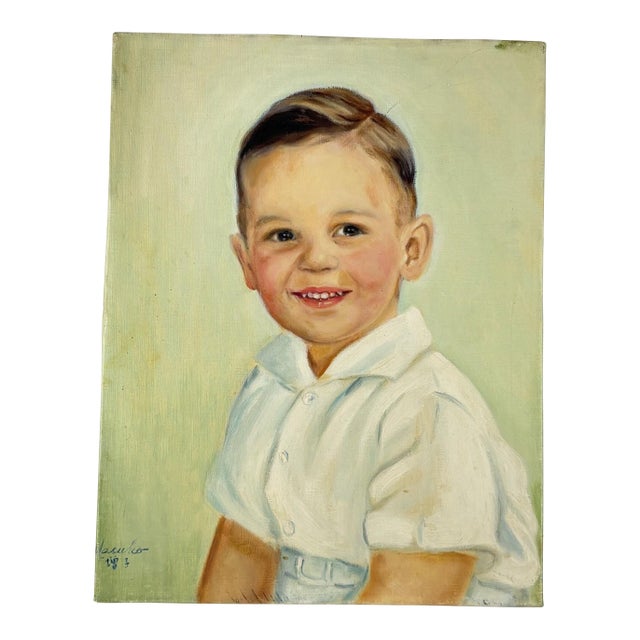 Vintage Mid-Century Oil Portrait of a Young Boy by Masuko Nakafuji For Sale