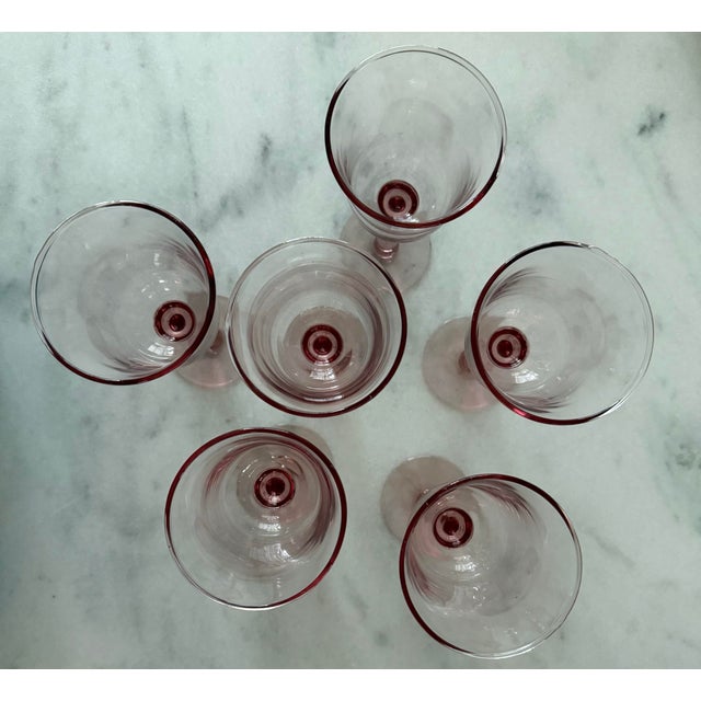 Pink Set of 6 Vintage Pink Hand Blown Wine Goblets For Sale - Image 8 of 9
