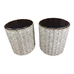 Pair of 1980s Black Leather Topped Column Side Tables Covered in Faux Snakeskin
