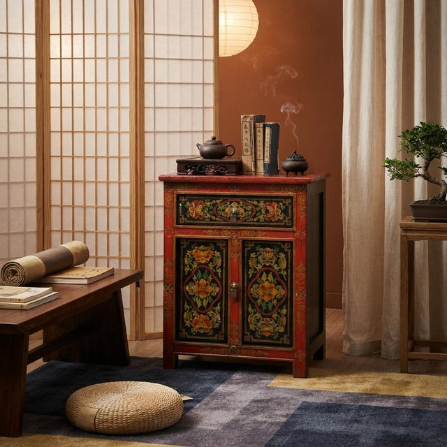 Tibetan Oriental Black Orange Red Floral End Table Nightstand For Sale - Image 9 of 9