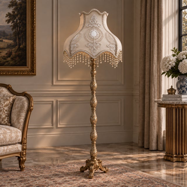 Make a dramatic statement with this ornate French-style floor lamp, featuring an intricately decorated gilded column and...