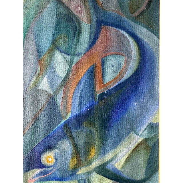 Vintage Brazilian abstract oil painting featuring stylized fish within a dynamic composition of overlapping organic forms....