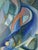 Vintage Brazilian abstract oil painting featuring stylized fish within a dynamic composition of overlapping organic forms....
