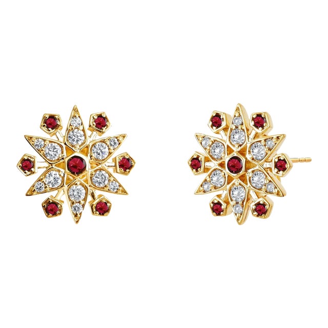 Syna Yellow Gold Starburst Earrings with Rubies and Diamonds, a Pair For Sale