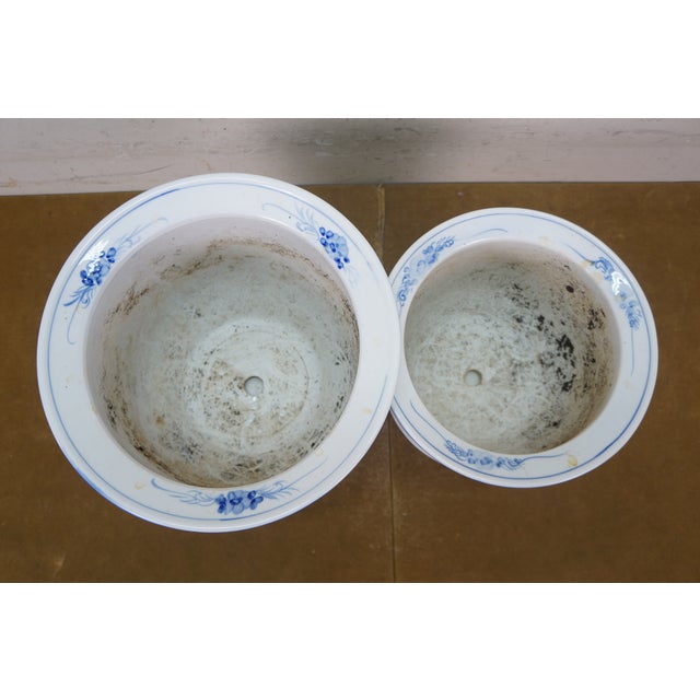 Early 20th Century 2 Chinese Chinoiserie Blue & White Lotus Flower Planters Cachepots Jardinières For Sale - Image 6 of 16