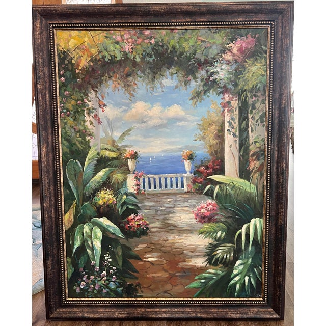Traditional Framed Hand Painted Canvas Art - Mediterranean Courtyard & Seascape - delightful and colorful setting, like a...