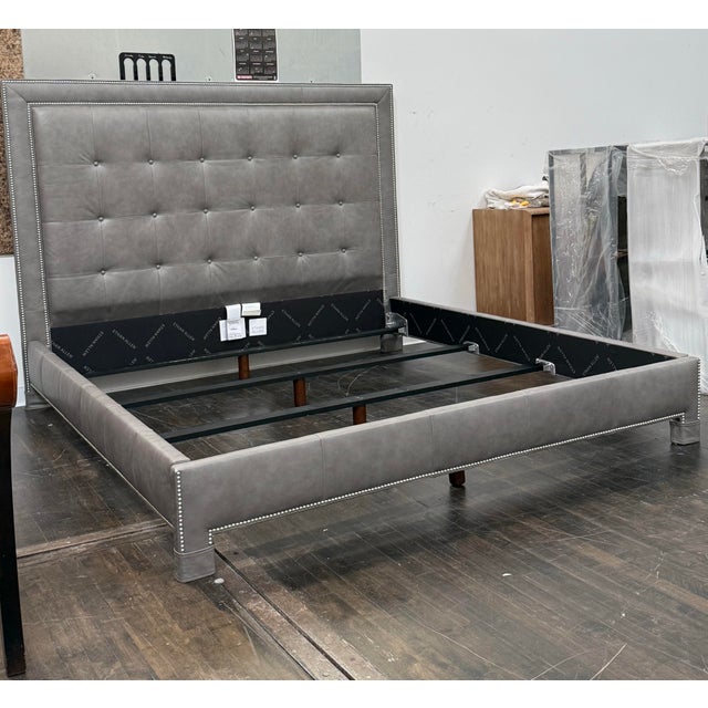 Modern Eastern King Size Ethan Allen Tufted Nailhead Leather Bed Frame For Sale - Image 3 of 12