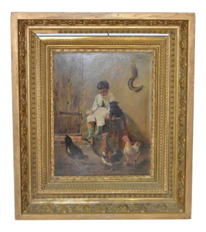 19th Century Original Oil Painting - Boy with Roosters C.1890