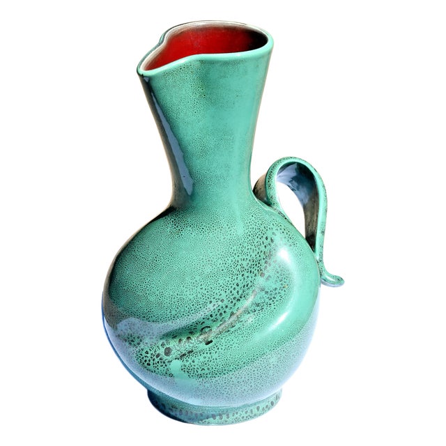 Vintage Pitcher in Green and Red Glazed Ceramic from Elchinger, 1960s For Sale