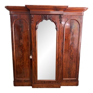 19th Century Flamed Mahogany Triple Wardrobe With Center Mirror & Fitted Interior For Sale