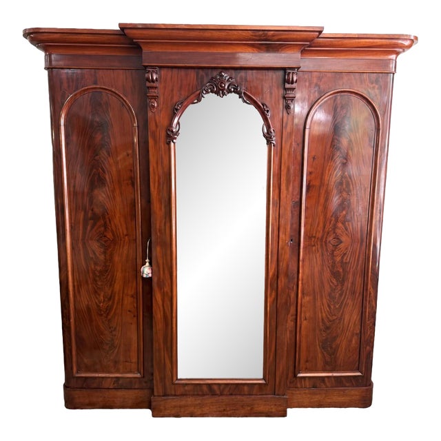 19th Century Flamed Mahogany Triple Wardrobe With Center Mirror & Fitted Interior For Sale