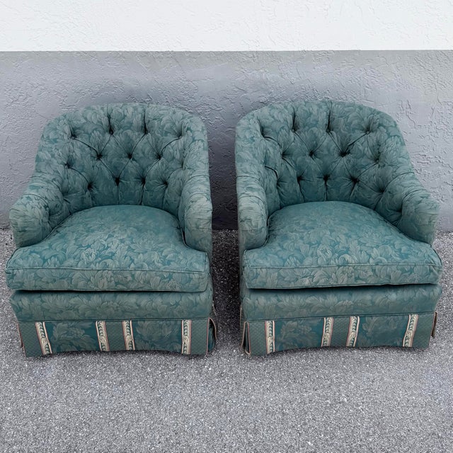 Hollywood Regency Vintage Mid Century Skirted Green Tufted Lounge Chairs - A Pair For Sale - Image 3 of 7