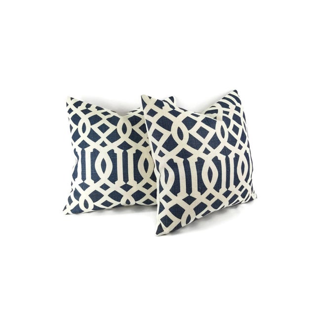 Stunning 100% linen print Schumacher pillow cover. This style is called Imperial Trellis II in navy and ivory. The pillow...