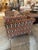 Geometric mid- century modern two seater sofa, full upholstered eye catching woven textile, repeating interlocking chain...