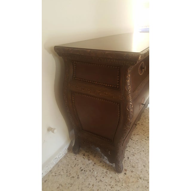 Vintage Bombay classic style, chest of 3 drawers, brass hardware, with floral designs. Made in USA.