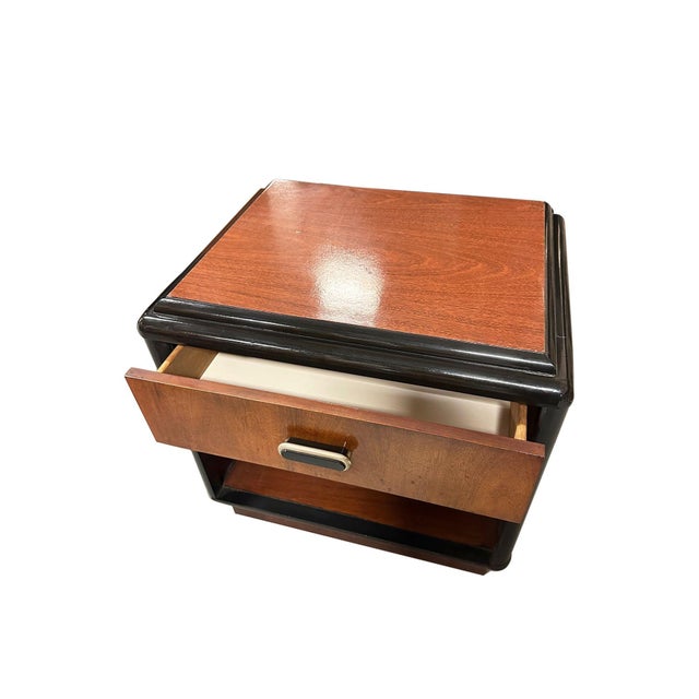 Pair of Two Toned Art Deco Cherry Wood & Lacquer Bedside Tables W/ Stepped Top For Sale - Image 9 of 12