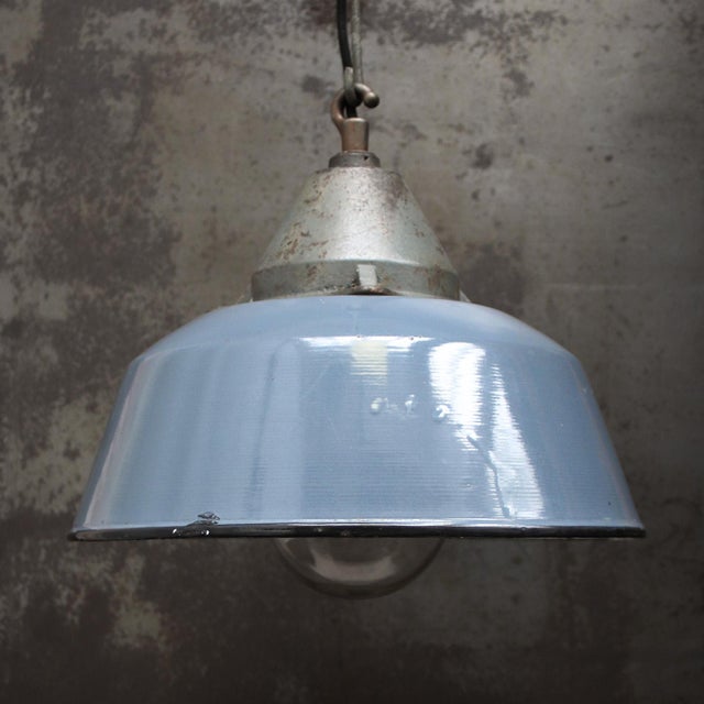 Vintage Industrial Grey Enamel and Cast Iron Pendant Lamp For Sale - Image 4 of 8