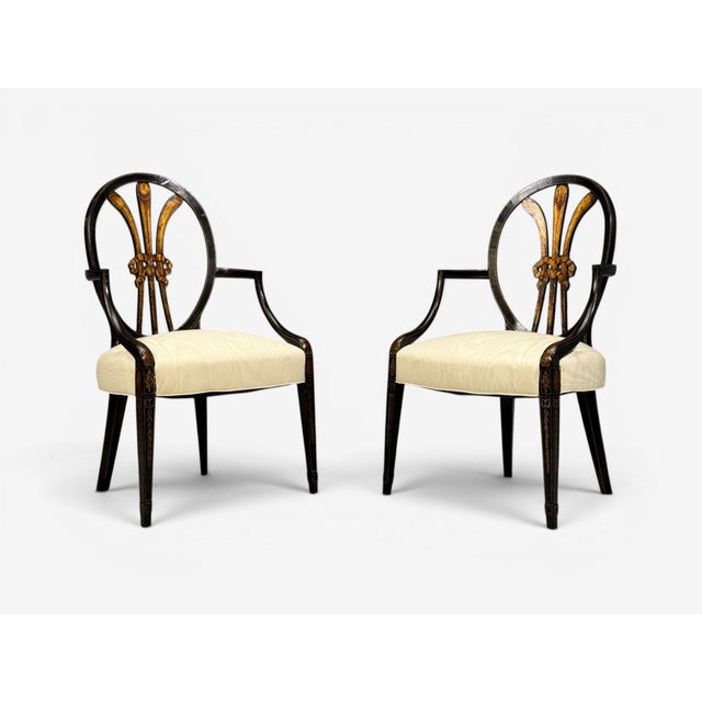 Neoclassical, Prince of Wales Armchairs, Ebonized Wood, Gilt, Silk, Usa, 19th C. For Sale - Image 4 of 18