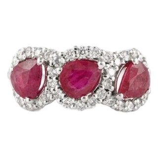 Three Stone Real Ruby Engagement Ring in 18k Solid White Gold With Diamonds Size 7 For Sale