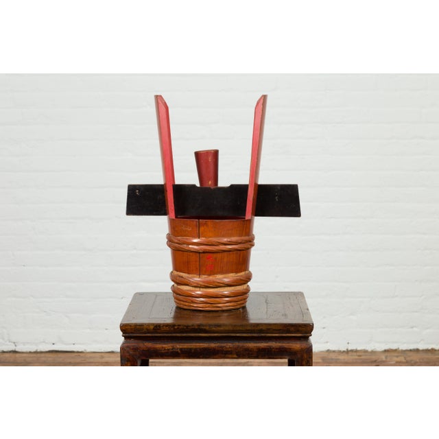 Japanese Vintage Grain Storage Jug with Red Lacquer and Calligraphy Decor For Sale - Image 9 of 13