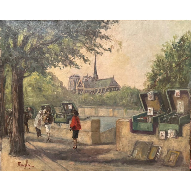 A charming Parisian scene depicting the famous booksellers lining the banks of the Seine. In the foreground, several open...