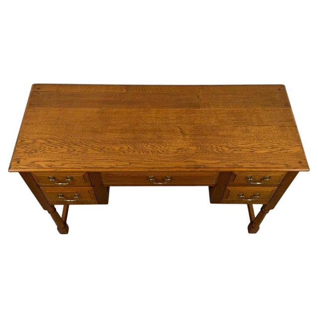 Antique English Oak Writing Table with Matching Stool, 1900s, Set of 2 For Sale - Image 6 of 18