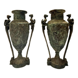 Huge Pair of French 19th Century Neoclassical Solid Bronze Urns