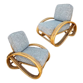 1950s Restored Mid-Century 3/4 Round Pretzel Arm Rattan Lounge Chair Set For Sale