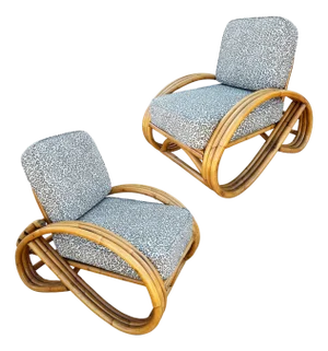 1950s Restored Mid-Century 3/4 Round Pretzel Arm Rattan Lounge Chair Set