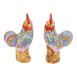 Pair of Antique Chinese Export Porcelain Roosters For Sale