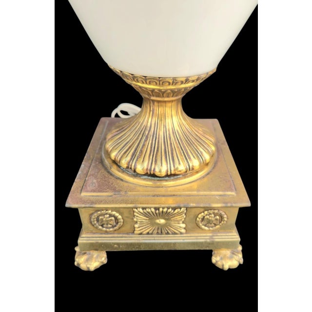 1960s Vintage Huge Marbro Style Porcelain Urn Candleabra Style Raised Leaf Brass Table Lamp For Sale - Image 5 of 12
