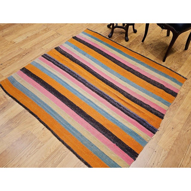 Textile Vintage Turkish Sofreh Kilim, Flat-Woven Wool, Stripe Pattern, Yellow & Green, 5x5 For Sale - Image 7 of 11