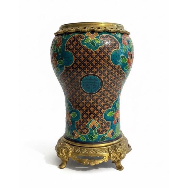 Vintage Asian Cloisonné Enamel Vase on Ornate Gilt Metal Base For Sale - Image 4 of 7