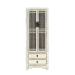 Rustic White Tall Narrow Cabinet, Shutter Doors For Sale