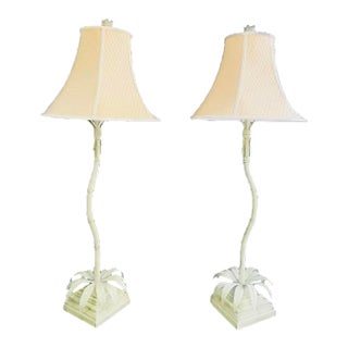 Pair of Mid-Century Chinese Green Tole Faux Bamboo Palm Tree Table Lamps For Sale