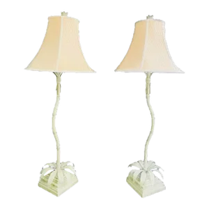 Pair of Mid-Century Chinese Green Tole Faux Bamboo Palm Tree Table Lamps