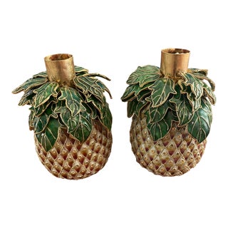 Pair of Vintage Cloisonne Pineapple Candle Holders For Sale