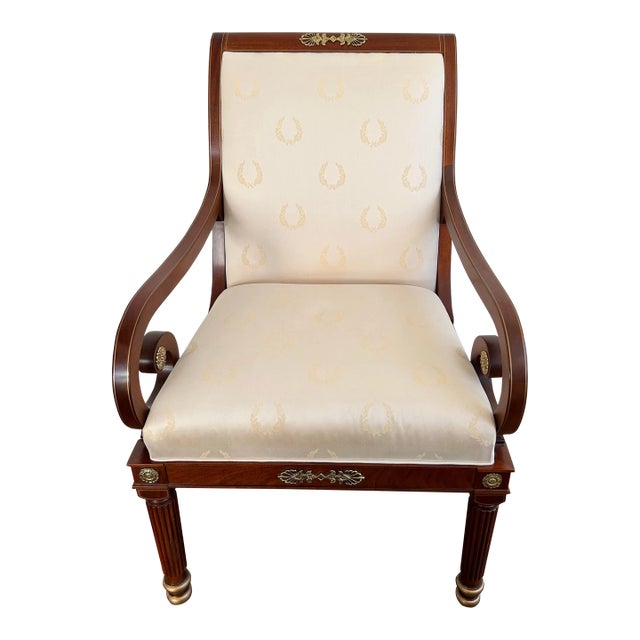 Kindel Neoclassical Empire Regency Mahogany Scroll Lounge Armchair For Sale