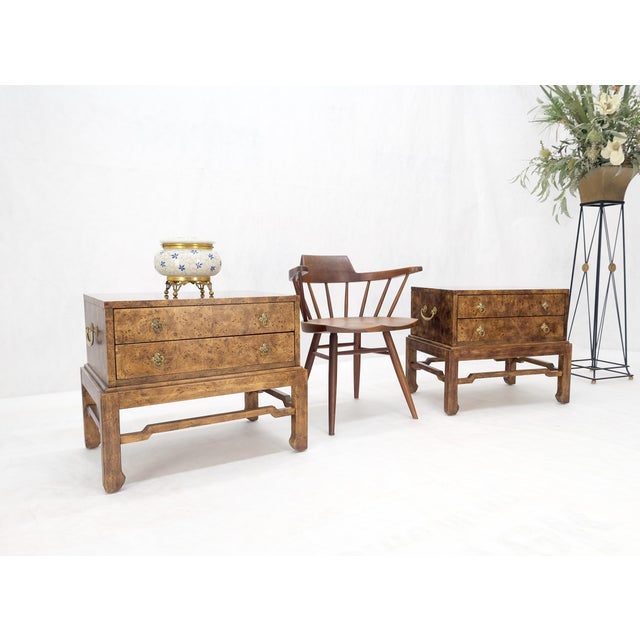 American of Martinsville Pair of Burl Asian Campaign Fusion 2 Drawer Night Stands End Table Brass Pulls For Sale - Image 4 of 15