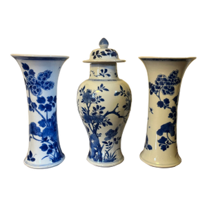 Antique Kangxi Period Blue & White Porcelain Garniture of Mantel Vases - A Set of 3